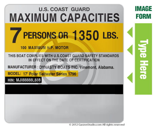 Boat capacity plate decal for Boat 4X4 Type C NMMA certified national marine manufacturers association