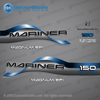  1996 1997 1998 Mariner 150 hp MAGNUM EFI 2.0 LITRE EFI Decal set Blue

DECAL SET (MARINER 150 MAGNUM EFI) 150HP 2.0 L  EFI.

150 HP MODELS:
1150412SD L, 1150412ST L, 1150412TD L, 1150412TT L, 1150412UD L, 1150412UT L, 1150422SD XL, 1150422TD XL, 1150422UD XL, 1150425SD CXL, 1150425TD CXL, 1150425UD CXL, 1150454SD XR6, 1150454ST XR6, 1150454TD XR6, 1150454TT XR6, 1150454UD XR6, 1150454UT XR6, 1150462UD XL, 1150465UD CXL, 7150, 7150412ED L, 7150412FD L, 7150412FT L, 7150412GD L, 7150412GT L, 7150419ED L, 7150422ED XL, 7150422FD XL, 7150422GD XL, 7150425ED CXL, 7150425FD CXL, 7150425GD CXL, 7150454ED, 7150454FD.

Mariner 150 hp 2.0 LITRE decal - Wrap Port, Rear, Stbd Side (37-830170-30)
MAGNUM EFI decal - Stbd Side (37-830172-6)
Mariner logo decal - Front Side
Mariner decal - Front Side(37-830164-2) 
Electronic Fuel Injection decal - Front Side (83017221925690C)
150 hp decal - Front Side (37-830170-26) 
MAGNUM EFI decal - Port Side(37-830172-6) 

37-824104A96 DECAL SET (Gray 150 Long) SN# 0G437999 & Below
37-809707A96 DECAL SET (Gray 150 XL/CXL)SN# 0G437999 & Below
37-850398A97 DECAL SET (Gray 150 Long) SN# 0G438000 & Up
37-809707A97 DECAL SET (Gray 150 XL/CXL - 2.0L) SN# 0G438000 & Up
37-802578A98 DECAL SET (Gray 150 XL/CXL - 2.5L) SN# 0G438000 & Up 


