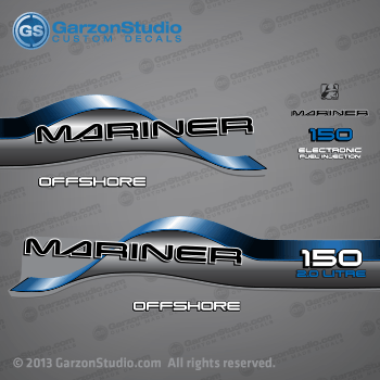  1996 1997 1998 Mariner 150 hp OFFSHORE 2.0 LITRE EFI Decal set Blue

37-809707A97 DECAL SET (MARINER 150 OFFSHORE) 150HP 2.0 L  EFI.

150 HP MODELS:
1150412SD L, 1150412ST L, 1150412TD L, 1150412TT L, 1150412UD L, 1150412UT L, 1150422SD XL, 1150422TD XL, 1150422UD XL, 1150425SD CXL, 1150425TD CXL, 1150425UD CXL, 1150454SD XR6, 1150454ST XR6, 1150454TD XR6, 1150454TT XR6, 1150454UD XR6, 1150454UT XR6, 1150462UD XL, 1150465UD CXL, 7150, 7150412ED L, 7150412FD L, 7150412FT L, 7150412GD L, 7150412GT L, 7150419ED L, 7150422ED XL, 7150422FD XL, 7150422GD XL, 7150425ED CXL, 7150425FD CXL, 7150425GD CXL, 7150454ED, 7150454FD

Mariner 150 hp 2.0 LITRE decal - Wrap Port, Rear, Stbd Side 
(37-830170-30)

Offshore decal - Stbd Side 
(37-830172-37)

Mariner logo decal - Front Side

Mariner decal - Front Side
(37-830164-2) 

150 hp decal - Front Side
(37-830170-26) 

Electronic Fuel Injection decal - Front Side

Offshore decal - Port Side
(37-830172-37) 

