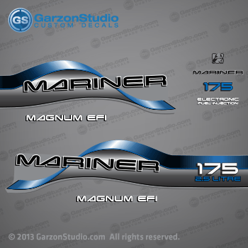  1996 1997 1998 Mariner 175 hp MAGNUM EFI 2.5 LITRE Decal set Blue

1996 1997 1998 MARINER DECALS MAY WORK ON:
175 HP MODELS:
1175412SD L, 1175412ST L, 1175412TD L, 1175412UD L, 1175412UT L, 1175422SD XL, 1175422TD XL, 1175422UD XL, 1175425SD CXL, 1175425TD CXL, 1175425UD CXL.
MADE FROM MARINER - (175 H.P. (1997)) 
Model No: 7175422FD
37-813037A97 DECAL SET (Gray 175 Long) SN# 0G438000 & Up
37-809705A97 DECAL SET (Gray 175 XL/CXL) SN# 0G438000 & Up
37-813037A96 DECAL SET (Gray 175 Long) SN# 0G437999 & Below
37-809705A96 DECAL SET (Gray 175 XL/CXL) SN# 0G437999 & Below
813037A97,809705A97,813037A96,809705A96,

Mariner 175 hp 2.5 LITRE decal - Wrap Port, Rear, Stbd Side 
MAGNUM EFI decal - Stbd Side (37-830172-6)
Mariner logo decal - Front Side
Mariner decal - Front Side (37-830164-2) 
175 hp decal - Front Side
Electronic Fuel Injection decal - Front Side (83017221925690C)
MAGNUM EFI decal - Port Side (37-830172-6) 
