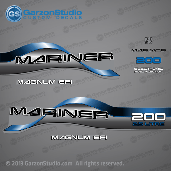  1996 1997 1998 Mariner 200 HP MAGNUM EFI 2.5 LITRE EFI Decal set Blue

1996 1997 1998 MARINER DECALS MAY WORK ON:

96, 97, 98 MARINER DECAL SET (MARINER 200 MAGNUM EFI) 200HP 2.5L EFI.
200 HP MODELS:
1200412SD L, 1200412ST L, 1200412TD L, 1200412TT L, 1200412UD L, 1200422SD XL, 1200422TD XL, 1200422UD XL, 1200425SD CXL, 1200425TD CXL.

Decal set may match any of these part numbers:

37-815630A96 DECAL SET (Gray 200 Long) SN# 0G437999 & Below
37-808563A96 DECAL SET (Gray 200 XL/CXL) SN# 0G437999 & Below
37-815630A97 DECAL SET (Gray 200 Long) SN# 0G438000 & Up
37-808563A97 DECAL SET (Gray 200 XL/CXL) SN# 0G438000 & Up
815630A96, 808563A96, 815630A97, 808563A97,

Mariner 200 HP decal - Wrap Port, Rear, Stbd Side
MAGNUM EFI decal - Stbd Side (37-830172-6)
Mariner logo decal - Front Side
Mariner decal - Front Side (37-830164-2) 
200 HP decal - Front Side
Electronic Fuel Injection decal - Front Side (83017221925690C)
MAGNUM EFI decal - Port Side (37-830172-6) 
