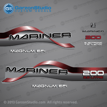  1996 1997 1998 Mariner 200 HP MAGNUM EFI 2.5 LITRE EFI Decal set Red

1996 1997 1998 MARINER DECALS MAY WORK ON:

96, 97, 98 MARINER DECAL SET (MARINER 200 MAGNUM EFI) 200HP 2.5L EFI.
200 HP MODELS:
1200412SD L, 1200412ST L, 1200412TD L, 1200412TT L, 1200412UD L, 1200422SD XL, 1200422TD XL, 1200422UD XL, 1200425SD CXL, 1200425TD CXL.

Decal set may match any of these part numbers:

37-815630A96 DECAL SET (Gray 200 Long) SN# 0G437999 & Below
37-808563A96 DECAL SET (Gray 200 XL/CXL) SN# 0G437999 & Below
37-815630A97 DECAL SET (Gray 200 Long) SN# 0G438000 & Up
37-808563A97 DECAL SET (Gray 200 XL/CXL) SN# 0G438000 & Up
815630A96, 808563A96, 815630A97, 808563A97,

Mariner 200 HP decal - Wrap Port, Rear, Stbd Side
MAGNUM EFI decal - Stbd Side (37-830172-6)
Mariner logo decal - Front Side
Mariner decal - Front Side (37-830164-2) 
200 HP decal - Front Side
Electronic Fuel Injection decal - Front Side (83017221925690C)
MAGNUM EFI decal - Port Side (37-830172-6) 
