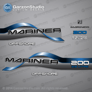  1996 1997 1998 Mariner 200 HP OFFSHORE 2.5 LITRE EFI Decal set Blue

1996 1997 1998 MARINER DECALS MAY WORK ON:

96, 97, 98 MARINER DECAL SET (MARINER 200 OFFSHORE) 200HP 2.5L EFI.
200 HP MODELS:
1200412SD L, 1200412ST L, 1200412TD L, 1200412TT L, 1200412UD L, 1200422SD XL, 1200422TD XL, 1200422UD XL, 1200425SD CXL, 1200425TD CXL.

Decal set may match any of these part numbers:

37-815630A96 DECAL SET (Gray 200 Long) SN# 0G437999 & Below
37-808563A96 DECAL SET (Gray 200 XL/CXL) SN# 0G437999 & Below
37-815630A97 DECAL SET (Gray 200 Long) SN# 0G438000 & Up
37-808563A97 DECAL SET (Gray 200 XL/CXL) SN# 0G438000 & Up
815630A96, 808563A96, 815630A97, 808563A97,

Mariner 200 HP decal - Wrap Port, Rear, Stbd Side
OFFSHORE decal - Stbd Side (37-830172-6)
Mariner logo decal - Front Side
Mariner decal - Front Side (37-830164-2) 
200 HP decal - Front Side
Electronic Fuel Injection decal - Front Side (83017221925690C)
OFFSHORE decal - Port Side (37-830172-6) 
