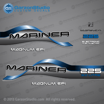  1996 1997 1998 Mariner 225 HP MAGNUM EFI 3.0 LITRE EFI Decal set Blue

1996 1997 1998 1999 2000 2001 MARINER DECALS MAY WORK ON:
1995 MARINER 3.0L MAGNUM EFI 225 HP
1996 MARINER 3.0L MAGNUM EFI 225 HP
1997 MARINER 3.0L MAGNUM EFI 225 HP
1998 MARINER 3.0L MAGNUM EFI 225 HP
1999 MARINER 3.0L MAGNUM EFI 225 HP
2000 MARINER 3.0L MAGNUM EFI 225 HP
2001 MARINER 3.0L MAGNUM EFI 225 HP

Model 225:
1225413RD L, 1225413SD L, 1225413ST L, 1225413TD L, 1225413TS L, 1225413UD L, 1225413VD L, 1225413VS L, 1225413VT L, 1225413WD EFI, 1225413WS L, 1225413WT L, 1225413YD L, 1225413YT L, 1225423RD XL, 1225423SD XL, 1225423TD XL, 1225423UD XL, 1225423VD XL, 1225423WD XL SW, 1225423YD XL SW, 1225423YE XL SW, 1225424RD CXL, 1225424SD CXL, 1225424TD CXL, 1225424UD CXL, 1225424VD CXL, 1225424WD CXL SW, 1225424YD CXL SW, 1225425WD CXL, 1225433RD XXL, 1225433SD XXL, 1225433TD XXL, 1225433UD XXL, 1225433VD XXL, 1225433WD XXL SW, 1225433YD XXL SW, 1225434RD CXL, 1225434SD CXXL, 1225434TD CXXL, 1225434UD CXXL EFI, 1225434VD CXXL, 1225434WD CXXL, 1225434YD CXXL, 7200413JD L, 7225413DD L EFI, 7225413ED L EFI, 7225413ET L EFI, 7225413FF EFI, 7225413FS L EFI, 7225413FT L EFI, 7225413GD EFI, 7225413HD EFI, 7225413HS EFI, 7225413HT EFI, 7225413JD L EFI, 7225413JT L, 7225413KD L EFI, 7225423ED XL EFI, 7225423FD XL EFI, 7225423FF XL EFI, 7225423GD XL EFI, 7225423JD XL EFI SW, 7225423KD XL EFI SW, 7225424ED CXL EFI, 7225424FD CXL EFI, 7225424FF CXL EFI, 7225424GD CXL EFI, 7225424JD CXL EFI SW, 7225424KD CXL EFI SW, 7225433ED XXL EFI, 7225433FD XXL EFI, 7225433FF XXL EFI, 7225433GD XXL EFI.

37-809709A96 DECAL SET (225 GRAY LONG) SN# 0G437999 & Below
37-827438A96 DECAL SET (225 GRAY XL/XXL) SN# 0G437999 & Below
37-809709A97 DECAL SET (225 GRAY LONG) SN# 0G438000 & Up
37-827438A97 DECAL SET (225 GRAY XL/XXL) SN# 0G438000 & Up
809709A96, 827438A96, 809709A97, 827438A97,

Mariner 225 HP 3.0 LITRE decal - Wrap Port, Rear, Stbd Side 
MAGNUM EFI decal - Stbd Side (37-830172-6)
Mariner logo decal - Front Side
Mariner decal - Front Side (37-830164-2) 
225 HP decal - Front Side
Electronic Fuel Injection decal - Front Side (83017221925690C)
MAGNUM EFI decal - Port Side (37-830172-6)
