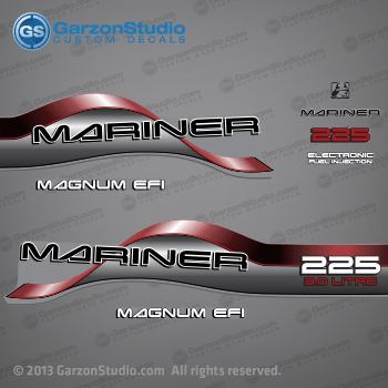  1996 1997 1998 Mariner 225 HP MAGNUM EFI 3.0 LITRE EFI Decal set Red

1996 1997 1998 1999 2000 2001 MARINER DECALS MAY WORK ON:
1995 MARINER 3.0L MAGNUM EFI 225 HP
1996 MARINER 3.0L MAGNUM EFI 225 HP
1997 MARINER 3.0L MAGNUM EFI 225 HP
1998 MARINER 3.0L MAGNUM EFI 225 HP
1999 MARINER 3.0L MAGNUM EFI 225 HP
2000 MARINER 3.0L MAGNUM EFI 225 HP
2001 MARINER 3.0L MAGNUM EFI 225 HP

Model 225:
1225413RD L, 1225413SD L, 1225413ST L, 1225413TD L, 1225413TS L, 1225413UD L, 1225413VD L, 1225413VS L, 1225413VT L, 1225413WD EFI, 1225413WS L, 1225413WT L, 1225413YD L, 1225413YT L, 1225423RD XL, 1225423SD XL, 1225423TD XL, 1225423UD XL, 1225423VD XL, 1225423WD XL SW, 1225423YD XL SW, 1225423YE XL SW, 1225424RD CXL, 1225424SD CXL, 1225424TD CXL, 1225424UD CXL, 1225424VD CXL, 1225424WD CXL SW, 1225424YD CXL SW, 1225425WD CXL, 1225433RD XXL, 1225433SD XXL, 1225433TD XXL, 1225433UD XXL, 1225433VD XXL, 1225433WD XXL SW, 1225433YD XXL SW, 1225434RD CXL, 1225434SD CXXL, 1225434TD CXXL, 1225434UD CXXL EFI, 1225434VD CXXL, 1225434WD CXXL, 1225434YD CXXL, 7200413JD L, 7225413DD L EFI, 7225413ED L EFI, 7225413ET L EFI, 7225413FF EFI, 7225413FS L EFI, 7225413FT L EFI, 7225413GD EFI, 7225413HD EFI, 7225413HS EFI, 7225413HT EFI, 7225413JD L EFI, 7225413JT L, 7225413KD L EFI, 7225423ED XL EFI, 7225423FD XL EFI, 7225423FF XL EFI, 7225423GD XL EFI, 7225423JD XL EFI SW, 7225423KD XL EFI SW, 7225424ED CXL EFI, 7225424FD CXL EFI, 7225424FF CXL EFI, 7225424GD CXL EFI, 7225424JD CXL EFI SW, 7225424KD CXL EFI SW, 7225433ED XXL EFI, 7225433FD XXL EFI, 7225433FF XXL EFI, 7225433GD XXL EFI.

37-809709A96 DECAL SET (225 GRAY LONG) SN# 0G437999 & Below
37-827438A96 DECAL SET (225 GRAY XL/XXL) SN# 0G437999 & Below
37-809709A97 DECAL SET (225 GRAY LONG) SN# 0G438000 & Up
37-827438A97 DECAL SET (225 GRAY XL/XXL) SN# 0G438000 & Up
809709A96, 827438A96, 809709A97, 827438A97,

Mariner 225 HP 3.0 LITRE decal - Wrap Port, Rear, Stbd Side 
MAGNUM EFI decal - Stbd Side (37-830172-6)
Mariner logo decal - Front Side
Mariner decal - Front Side (37-830164-2) 
225 HP decal - Front Side
Electronic Fuel Injection decal - Front Side (83017221925690C)
MAGNUM EFI decal - Port Side (37-830172-6)
