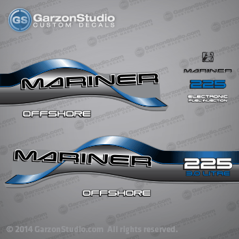  1996 1997 1998 Mariner 225 HP OFFSHORE 3.0 LITRE EFI Decal set Blue
MARINER 3.0L OFFSHORE CARBURETED 225 XL CARB
1996 1997 1998 1999 2000 2001 MARINER DECALS MAY WORK ON:
1995 MARINER 225 HP 3.0L OFFSHORE
1996 MARINER 225 HP 3.0L OFFSHORE
1997 MARINER 225 HP 3.0L OFFSHORE
1998 MARINER 225 HP 3.0L OFFSHORE
1999 MARINER 225 HP 3.0L OFFSHORE
2000 MARINER 225 HP 3.0L OFFSHORE
2001 MARINER 225 HP 3.0L OFFSHORE

Model 225:
1994 MERCURY CXL 12254254D, 1225425PD
1994 MERCURY CXXL 12254354D, 1225435PD
1994 MERCURY L 1225412PD, 7225412CD
1994 MERCURY XL 12254224D, 1225422PD
1994 MERCURY XL 72254224D, 7225422CD
1994 MERCURY XXL 12254324D, 1225432PD

1995 MERCURY CXL 1225425RD, 1225428RD
1995 MERCURY CXXL 1225435RD
1995 MERCURY L 1225412RD, 1225417RD, 7225412DD, 7225417DD
1995 MERCURY XL 1225422RD, 1225427RD, 7225422DD
1995 MERCURY XXL 1225432RD, 1225437RD

1996 MERCURY CXL 1225425SD, 1225428SD, 1225428SF
1996 MERCURY CXXL 1225435SD, 1225438SF
1996 MERCURY L 1225412SD, 1225417SD, 1225417SF, 7225412ED, 7225417ED, 7225417EF
1996 MERCURY XL 1225422SD, 1225427SD, 1225427SF, 7225422ED
1996 MERCURY XXL 1225432SD, 1225437SF

1997 MERCURY CXL 1225425TD, 1225428TF
1997 MERCURY CXXL 1225435TD
1997 MERCURY L 1225412TD, 1225417TF, 7225412FD, 7225412FF, 7225412FT, 7225417FF
1997 MERCURY XL 1225422TD, 1225427TF, 7225422FD
1997 MERCURY XXL 1225432TD, 1225437TF

1998 MERCURY CXL 1225425UD, 1225428UD, 1225428UF
1998 MERCURY CXXL 1225435UD, 1225438UF
1998 MERCURY L 1225412UD, 1225412UT, 1225417UF
1998 MERCURY L CARB 7225412GD, CARB 7225417GF
1998 MERCURY XL 1225422UD, 1225427UD, 1225427UF
1998 MERCURY XXL 1225432UD, 1225437UF

1999 MERCURY CXL 1225425VD, 1225428VF, 122542BVD
1999 MERCURY CXXL 1225435VD
1999 MERCURY L 1225412VD,1225417VF
1999 MERCURY L CARB 7225412HD, 7225417HF
1999 MERCURY XL 1225422VD, 1225427VF, 122542AVD, 122542AVE
1999 MERCURY XXL 1225432VD

2000 MERCURY CXL 1225428WF, 122542BWD
2000 MERCURY CXXL 1225435WD
2000 MERCURY L 1225412WD, 1225417WF, 7225412JD, 7225417JF
2000 MERCURY XL 1225422WD, 1225427WF, 122542AWD
2000 MERCURY XXL 1225432WD

2001 MERCURY CXL 1225428YF, 122542BYD
2001 MERCURY L 7225417KF
2001 MERCURY XL 1225427YF, 122542AYD

822801A93 DECAL SET	 (GRAY LONG) SN# 0G303045 & Below
822801A95 DECAL SET	 (GRAY XL/XXL) SN# 0G303045 & Below
822801A96 DECAL SET	 (GRAY LONG) SN# 0G303046 THRU 0G437999
809708A96 DECAL SET	 (GRAY XL/XXL) SN# 0G303046 THRU 0G437999
822801A97 DECAL SET	 (GRAY LONG) SN# 0G438000 & Up

809708A97 DECAL SET	 (GRAY XL/XXL) SN# 0G438000 & Up
824911A25 DECAL, Striping (ROLL OF 25 FT. - NEED 7.2 FT.)(GRAY & WHITE) SN# 0G438000 & Up

822801A93,822801A95,822801A96,809708A96,822801A97,809708A97,824911A25,

Mariner 225 HP 3.0 LITRE decal - Wrap Port, Rear, Stbd Side 
OFFSHORE decal - Stbd Side (37-830172-6)
Mariner logo decal - Front Side
Mariner decal - Front Side (37-830164-2) 
225 HP decal - Front Side
Electronic Fuel Injection decal - Front Side (83017221925690C)
OFFSHORE decal - Port Side (37-830172-6)
