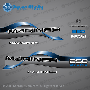  1996 1997 1998 Mariner 250 HP MAGNUM EFI 3.0 LITRE EFI Decal set Blue

1996 1997 1998 1999 2000 2001 MARINER DECALS MAY WORK ON:
1995 MARINER 3.0L MAGNUM EFI 250 HP
1996 MARINER 3.0L MAGNUM EFI 250 HP
1997 MARINER 3.0L MAGNUM EFI 250 HP
1998 MARINER 3.0L MAGNUM EFI 250 HP
1999 MARINER 3.0L MAGNUM EFI 250 HP
2000 MARINER 3.0L MAGNUM EFI 250 HP
2001 MARINER 3.0L MAGNUM EFI 250 HP

Model 250:
1250413UE L, 1250423SD XL EFI, 1250423TD XL EFI, 1250423UD XL EFI, 1250423VD XL EFI, 1250423WD XL EFI, 1250423YD XL EFI SW, 1250423YE XL EFI SW, 1250424SD CXL EFI, 1250424TD CXL EFI, 1250424UD CXL EFI, 1250424VD CXL EFI, 1250424WD CXL EFI, 1250424YD CXL EFI SW, 1250433SD XXL EFI, 1250433TD XXL EFI, 1250433UD XXL EFI, 1250433VD XXL EFI, 1250433WD XXL EFI SW, 1250433YD XXL EFI SW, 1250434SD CXXL EFI, 1250434TD CXXL EFI, 1250434UD CXXL EFI, 1250434VD CXXL EFI, 1250434WD CXXL EFI, 1250434YD CXXL SW.

37-809168A96 DECAL SET (250 GRAY) SN# 0G437999 & Below
37-809168A97 DECAL SET (250 GRAY) SN# 0G438000 & Up
809168A96, 809168A97,

Mariner 250 HP 3.0 LITRE decal - Wrap Port, Rear, Stbd Side 
MAGNUM EFI decal - Stbd Side (37-830172-6)
Mariner logo decal - Front Side
Mariner decal - Front Side (37-830164-2) 
250 HP decal - Front Side
Electronic Fuel Injection decal - Front Side (83017221925690C)
MAGNUM EFI decal - Port Side (37-830172-6)
