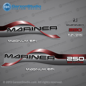  1996 1997 1998 Mariner 250 HP MAGNUM EFI 3.0 LITRE EFI Decal set Red

1996 1997 1998 1999 2000 2001 MARINER DECALS MAY WORK ON:
1995 MARINER 3.0L MAGNUM EFI 250 HP
1996 MARINER 3.0L MAGNUM EFI 250 HP
1997 MARINER 3.0L MAGNUM EFI 250 HP
1998 MARINER 3.0L MAGNUM EFI 250 HP
1999 MARINER 3.0L MAGNUM EFI 250 HP
2000 MARINER 3.0L MAGNUM EFI 250 HP
2001 MARINER 3.0L MAGNUM EFI 250 HP

Model 250:
1250413UE L, 1250423SD XL EFI, 1250423TD XL EFI, 1250423UD XL EFI, 1250423VD XL EFI, 1250423WD XL EFI, 1250423YD XL EFI SW, 1250423YE XL EFI SW, 1250424SD CXL EFI, 1250424TD CXL EFI, 1250424UD CXL EFI, 1250424VD CXL EFI, 1250424WD CXL EFI, 1250424YD CXL EFI SW, 1250433SD XXL EFI, 1250433TD XXL EFI, 1250433UD XXL EFI, 1250433VD XXL EFI, 1250433WD XXL EFI SW, 1250433YD XXL EFI SW, 1250434SD CXXL EFI, 1250434TD CXXL EFI, 1250434UD CXXL EFI, 1250434VD CXXL EFI, 1250434WD CXXL EFI, 1250434YD CXXL SW.

37-809168A96 DECAL SET (250 GRAY) SN# 0G437999 & Below
37-809168A97 DECAL SET (250 GRAY) SN# 0G438000 & Up
809168A96, 809168A97,

Mariner 250 HP 3.0 LITRE decal - Wrap Port, Rear, Stbd Side 
MAGNUM EFI decal - Stbd Side (37-830172-6)
Mariner logo decal - Front Side
Mariner decal - Front Side (37-830164-2) 
250 HP decal - Front Side
Electronic Fuel Injection decal - Front Side (83017221925690C)
MAGNUM EFI decal - Port Side (37-830172-6)
