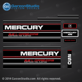 1994 1995 MERCURY 250 hp XRi 250hp 2.5L OFFSHORE liter decal set black max b max sticker kit stickers decals stripes