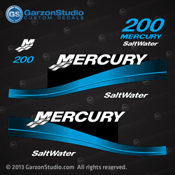 2000 2001 2002 2003 2004 2005 MERCURY 200 hp 2.5L Salt Water Carbureted decal set blue 200hp 2.5 Liters litres Carbureted 200XL XL CARB SW outboard motor 808562A03 DECAL SET MERC 200 SALTWATER V-200 EFI (2.5L)