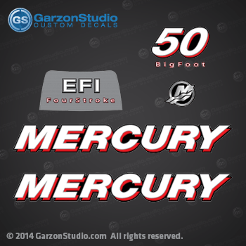 2006 2007 2008 2009 2010 2011 2012 
Mercury 50 HP 50HP H.P. HORSEPOWER HORSE POWER 
Big Foot BIGFOOT BF EFI ELECTRONIC FUEL INJECTION
Fourstroke 4 stroke 4-Stroke four stroke 4S
decal set decals sticker stickers
2006 2007 2009 2010 MERCURY 50 HP
100-899208T01 TOP COWL ASSEMBLY, Mercury
37-8M0071111 DECAL SET, Mercury SN# 1C194950 & Up
37-8M0071112 DECAL SET, Mercury	SN# 1C194950 & Up 
37-8M0071113 DECAL SET, Mercury 
MODELS:
ELHPT 4: 1A51411HZ 
ELPT 4: 1A51412HZ, 1E51412HB, 1E51412HZ, 7E51412ZB, 7E51412ZZ, 7E51413VZ, 7A51412ZZ
ELPT-BF 4: 1A51452EZ, 7A51452IZ.
2006-2010 MERCURY 50 EFI (4 CYL.)(4-STROKE)
37-8M0045193 DECAL SET, Mercury 50 SN# 1C104424 THRU 1C194949
37-883525A08 DECAL SET, Mercury 50 SN# 1C104423 & Below
37-896856003	DECAL, Rear - 50 SN# 1C194949 & Below
37-8M0063349 DECAL, 50 SN# 1C194950 & Up


- - - - - - - - - - - 
other
37-899208T03	 TOP COWL ASSEMBLY, Camouflage
37-883592A09 DECAL SET, Camouflage	

MARINER
100-899208T02	TOP COWL ASSEMBLY, Mariner

37-883541A08	DECAL SET	 	Mariner 40	
37-8M0012388	--DECAL, 40	
37-883533A08	DECAL SET	 	Mariner 50
37-8M0012389	--DECAL, Rear - 50	
37-883534A08	DECAL SET	 	Mariner 60
37-8M0012390	--DECAL, Rear - 60

